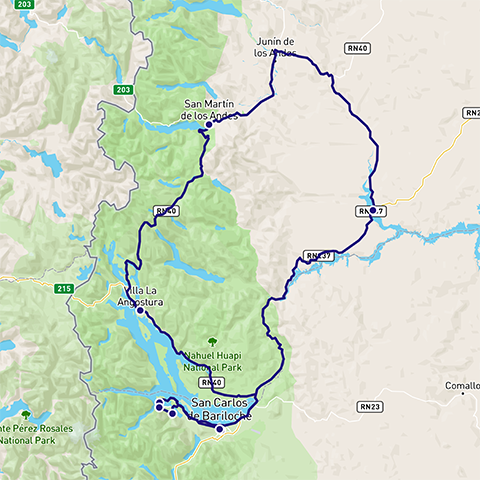 Routekaart fly-drive Bariloche en omgeving