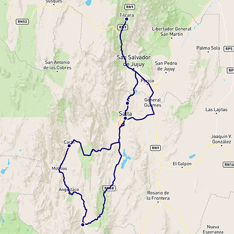 Routekaart fly-drive Salta en omgeving