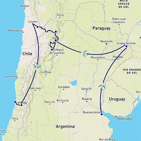Routekaart rondreis noorden Argentinië en Chili